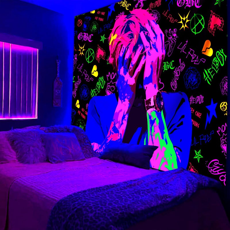 PSYHILAR Lil Peep Tapestry Blacklight, Rapper Black Light Poster for Bedroom, Hip Hop Star Music UV Flag (40 x 30 Inches) - Image 2