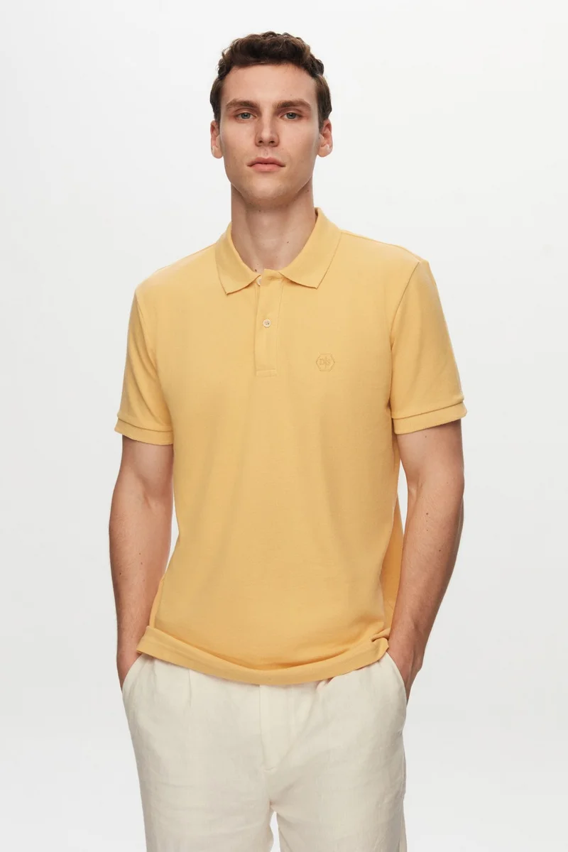 دي أس دامات Regular Fit Light Yellow Pique Textured 100% Cotton Non-Curl Polo Collar Embroidered T-Shirt 6HC14ORT51000
