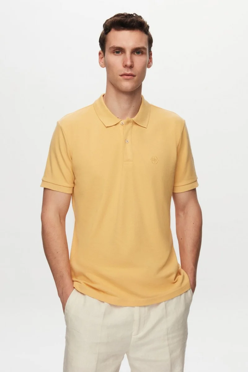 دي أس دامات Regular Fit Light Yellow Pique Textured 100% Cotton Non-Curl Polo Collar Embroidered T-Shirt 6HC14ORT51000