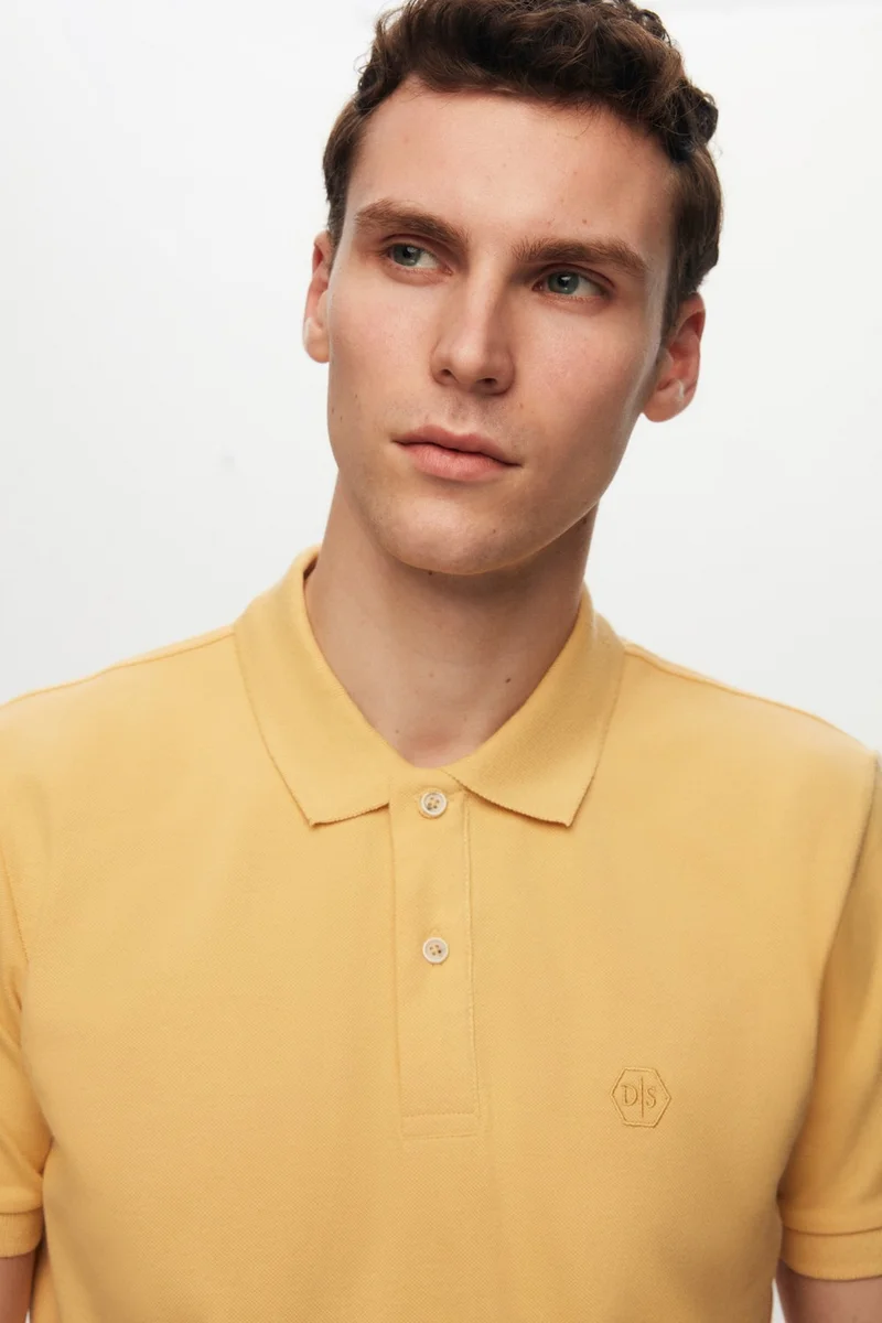 دي أس دامات Regular Fit Light Yellow Pique Textured 100% Cotton Non-Curl Polo Collar Embroidered T-Shirt 6HC14ORT51000