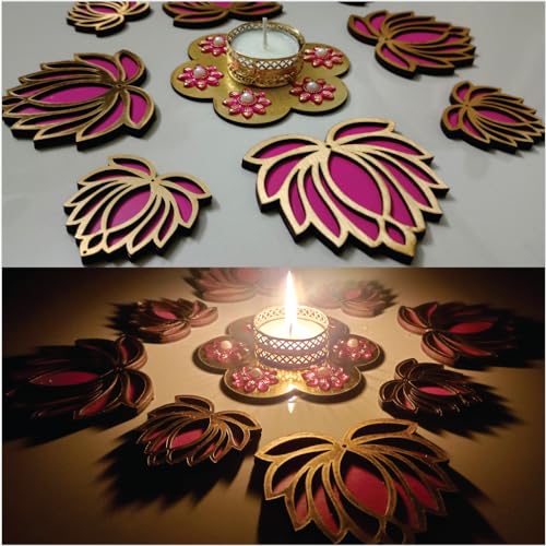 Picrazee Handcrafted Wooden Lotus Rangoli Set with Tea Lights - Set of 8 - Home Decor, Diwali Decoration, Festival Decoration, Gifting - Image 3