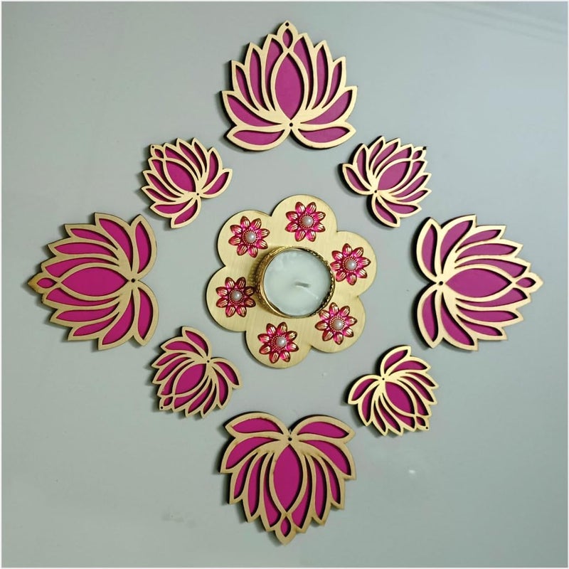 Picrazee Handcrafted Wooden Lotus Rangoli Set with Tea Lights - Set of 8 - Home Decor, Diwali Decoration, Festival Decoration, Gifting - Image 5
