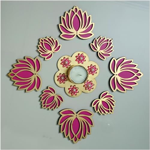 Picrazee Handcrafted Wooden Lotus Rangoli Set with Tea Lights - Set of 8 - Home Decor, Diwali Decoration, Festival Decoration, Gifting - Image 1