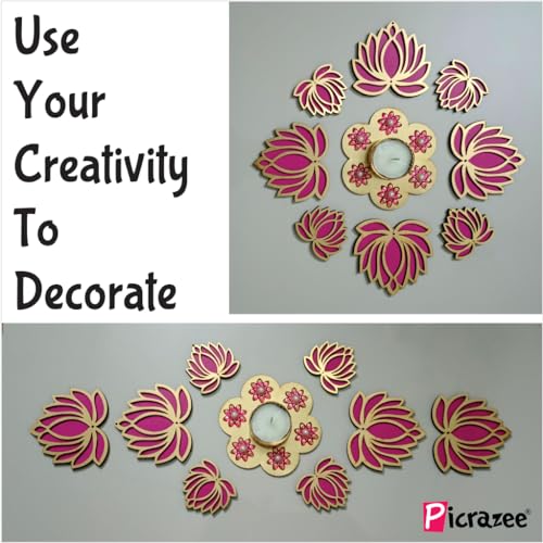 Picrazee Handcrafted Wooden Lotus Rangoli Set with Tea Lights - Set of 8 - Home Decor, Diwali Decoration, Festival Decoration, Gifting - Image 2