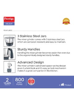 PRESTIGE Prestige Delight Mixer Grinder 750 W (With 3 Stainless Steel Jars)  - Image 4