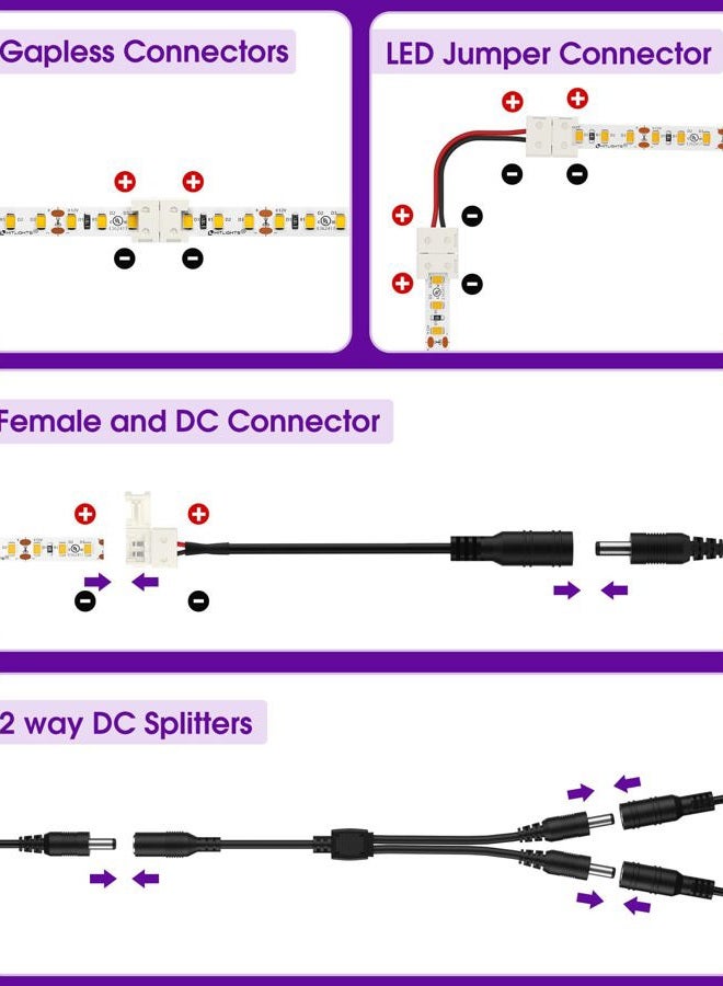 HitLights LED Strip Connector 2Pin 8mm LED Connector Kit Include Solderless Gapless Connector, 6Inch Jumper Connector, DC Female and Connector, DC Jack Splitter for LED Light Strips - Image 5