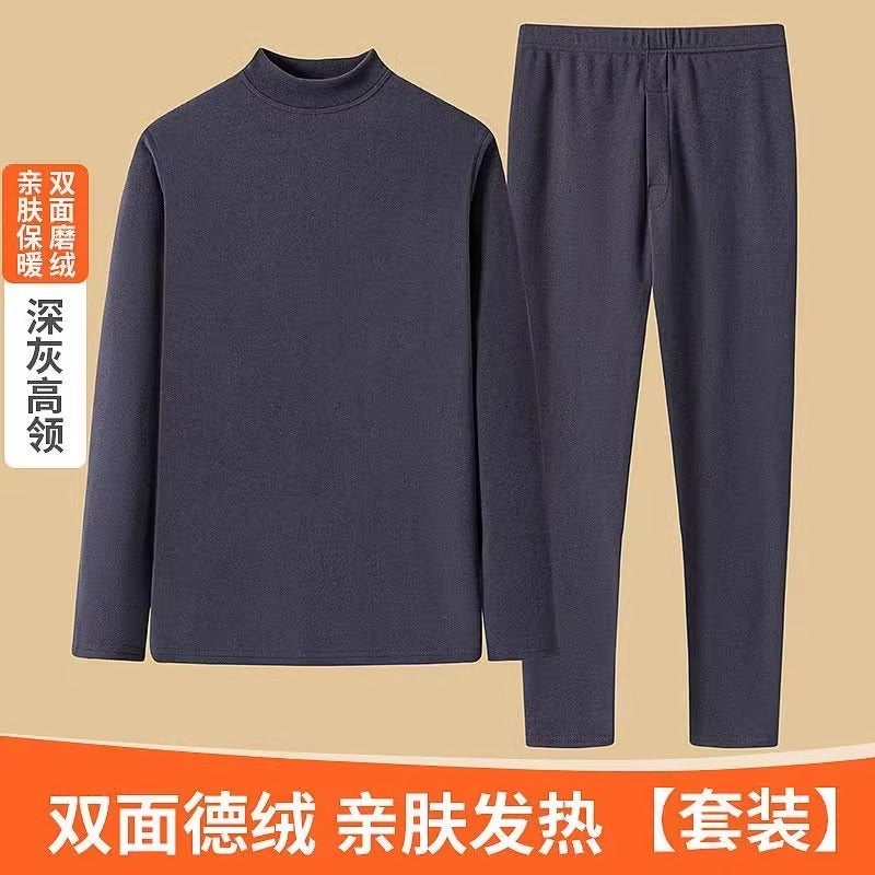 2024 velvet thermal underwear mens suit de Velvet half turtleneck heating thickened youth autumn clothes autumn and winter pants pajamas Dark gray - Image 1
