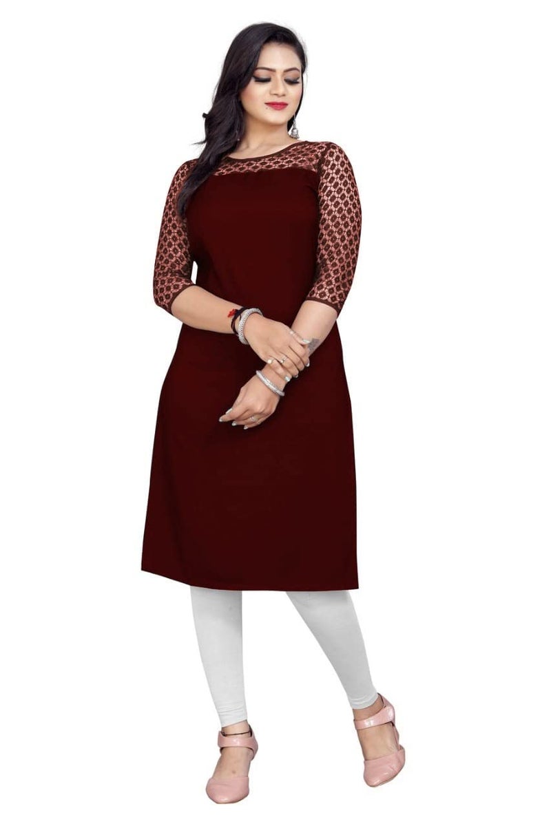 Dream Beauty Fashion Poly Net Straight Crepe Formal Casual Kurta/Kurti for Women and Girls (X-Large, Maroon) - Image 1