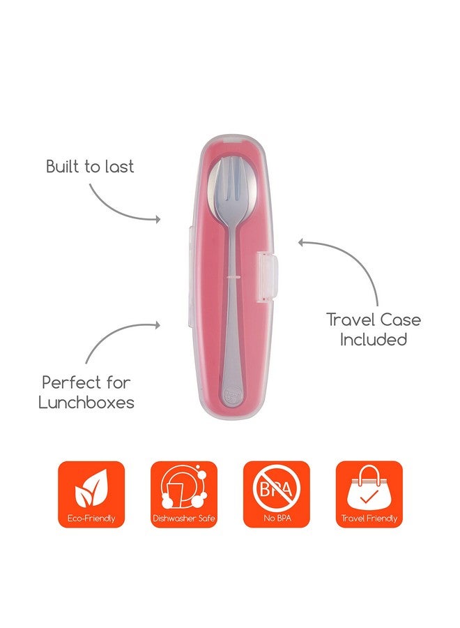 Innobaby Din Din Smart Stainless Steel Spoon and Fork with Carrying Case. Utensil Set for Kids and Toddlers. BPA Free. Pink. (DS-SSF02) - Image 1