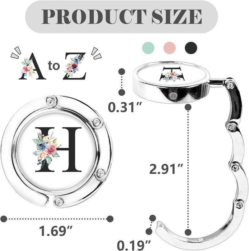 Iqimott 3pcs Personalized Initial Foldable Purse Hook for Table, Flower Letter Folding Handbag Hanger Portable Magnet Table Hook Holder, Collection Desk Purse Hooks for Women Bag (Black-H) - Image 2
