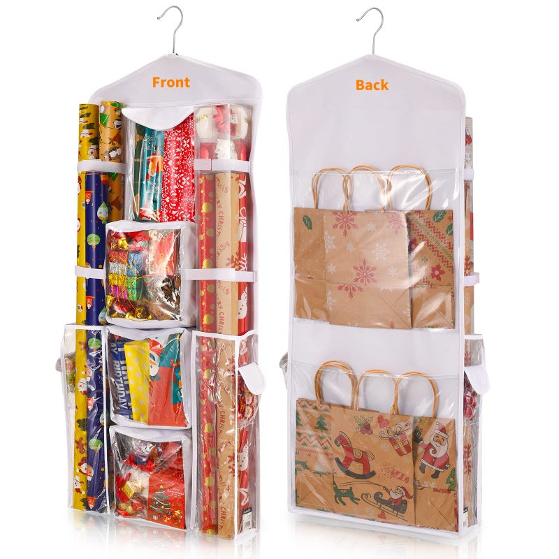 Freeote Freeote Hanging Gift Wrap Storage Organizer 40x16 Inch Wrapping Paper Storage Hanging Gift Bag Organizer Station with Multiple Pockets White 