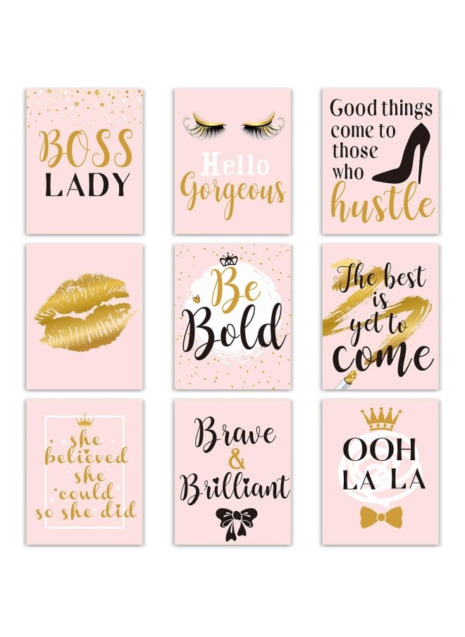 Outus Inspirational Wall Decor  9 Pieces Bedroom Decor for Women  Pink and Gold Makeup Lash Lips Wall Art Poster  Motivational Quotes Fashion Prints for Women Bathroom Home Decor  8 x 10 Inch  Unframed  - Image 1