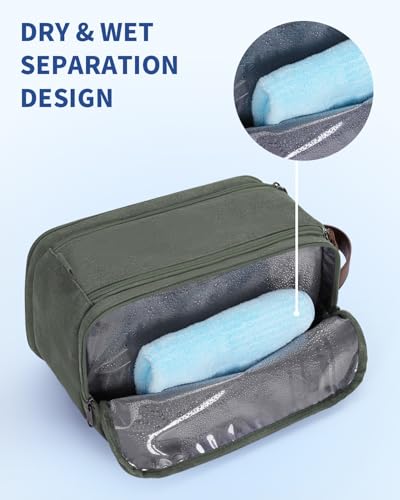 WANDF Toiletry Bag for Men Travel Toiletry Organizer Canvas and Leather Dopp Kit WaterResistant Shaving Bag for Travel Accessories Green Large - Image 3