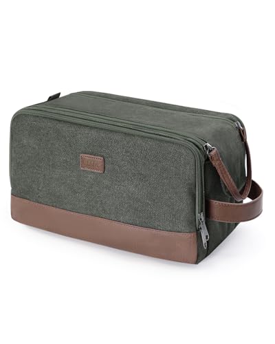 WANDF Toiletry Bag for Men Travel Toiletry Organizer Canvas and Leather Dopp Kit WaterResistant Shaving Bag for Travel Accessories Green Large - Image 1