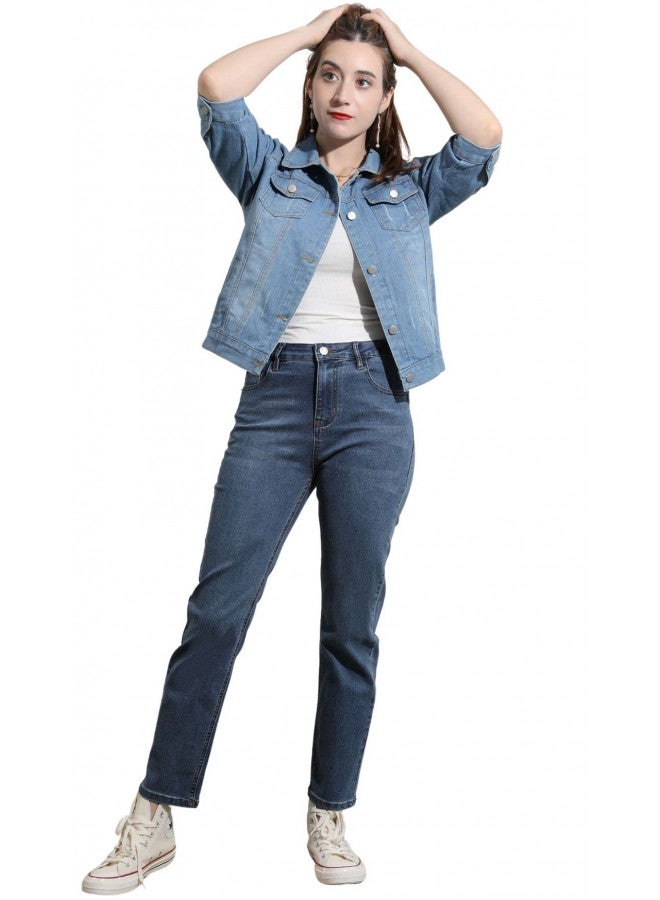 loveimgs loveimgs Women Casual 3/4 Sleeve Button Down Cropped Denim Jean Jacket Motorcycle Short Jacket (X-Large, Light blue)  - Image 3