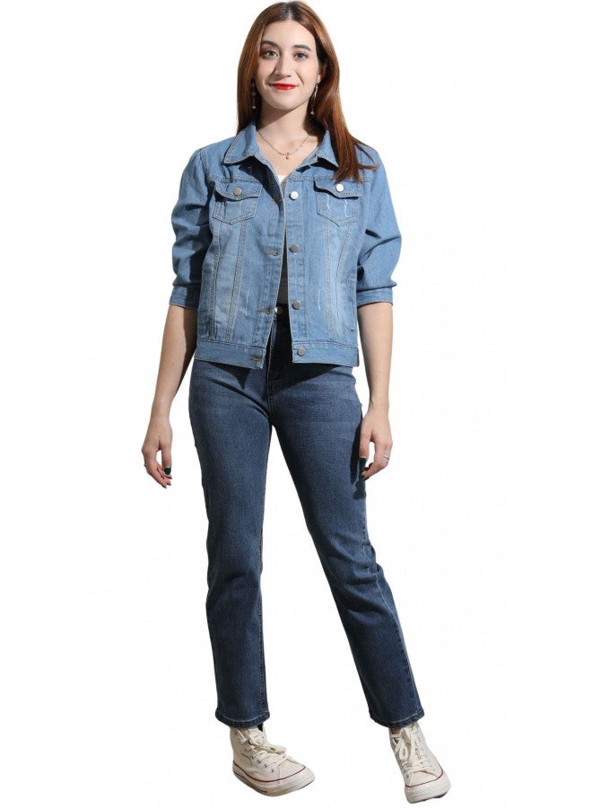 loveimgs loveimgs Women Casual 3/4 Sleeve Button Down Cropped Denim Jean Jacket Motorcycle Short Jacket (X-Large, Light blue)  - Image 1
