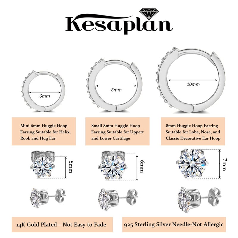 KesaPlan Stud Earrings for Women 14K Gold Plated Hypoallergenic Hoop Earrings Set Small Studs Hoop Huggie Earring Multiple Piercing Star Heart Ball Cubic Zirconia Studs Stacks Trendy for Women Men (A-white gold hoop set) - Image 2