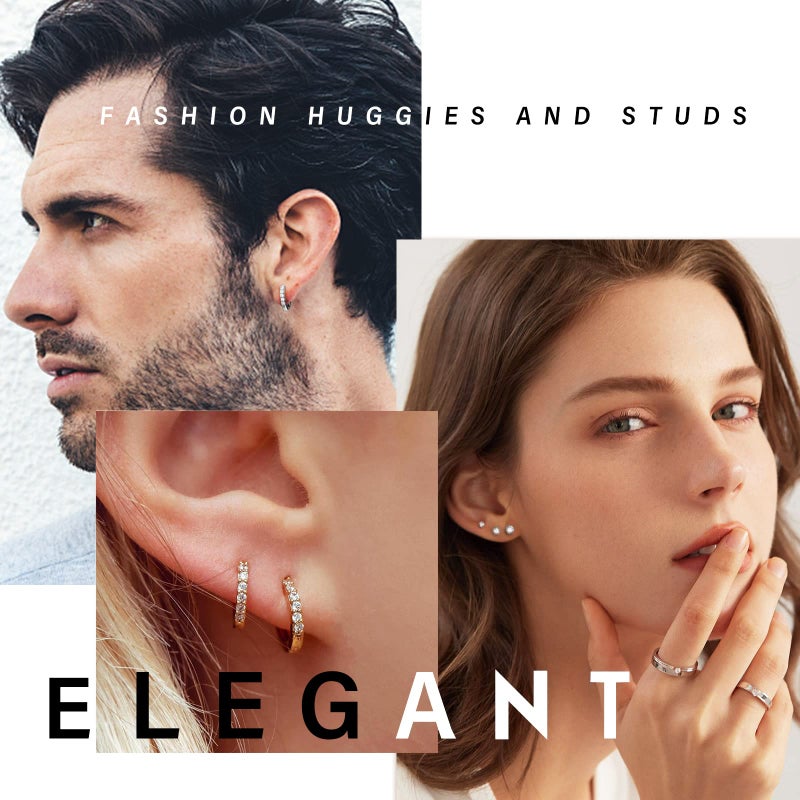 KesaPlan Stud Earrings for Women 14K Gold Plated Hypoallergenic Hoop Earrings Set Small Studs Hoop Huggie Earring Multiple Piercing Star Heart Ball Cubic Zirconia Studs Stacks Trendy for Women Men (A-white gold hoop set) - Image 3