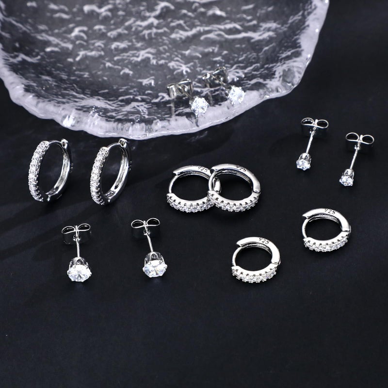 KesaPlan Stud Earrings for Women 14K Gold Plated Hypoallergenic Hoop Earrings Set Small Studs Hoop Huggie Earring Multiple Piercing Star Heart Ball Cubic Zirconia Studs Stacks Trendy for Women Men (A-white gold hoop set) - Image 4