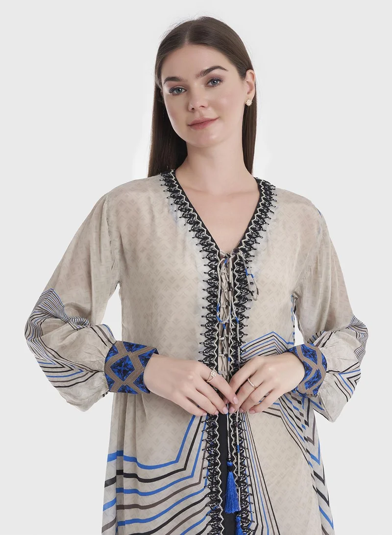 KASHKHA Printed V-Neck Jalabiya
