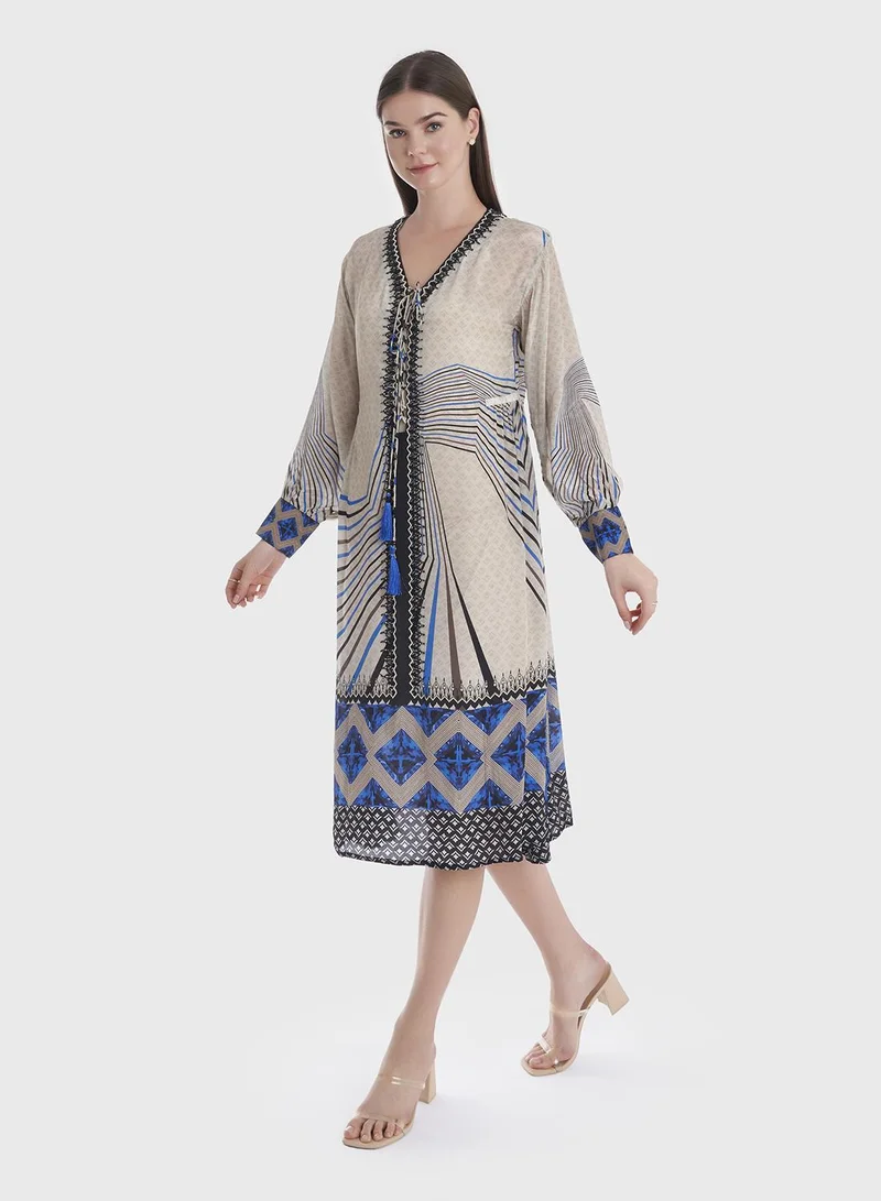 KASHKHA Printed V-Neck Jalabiya