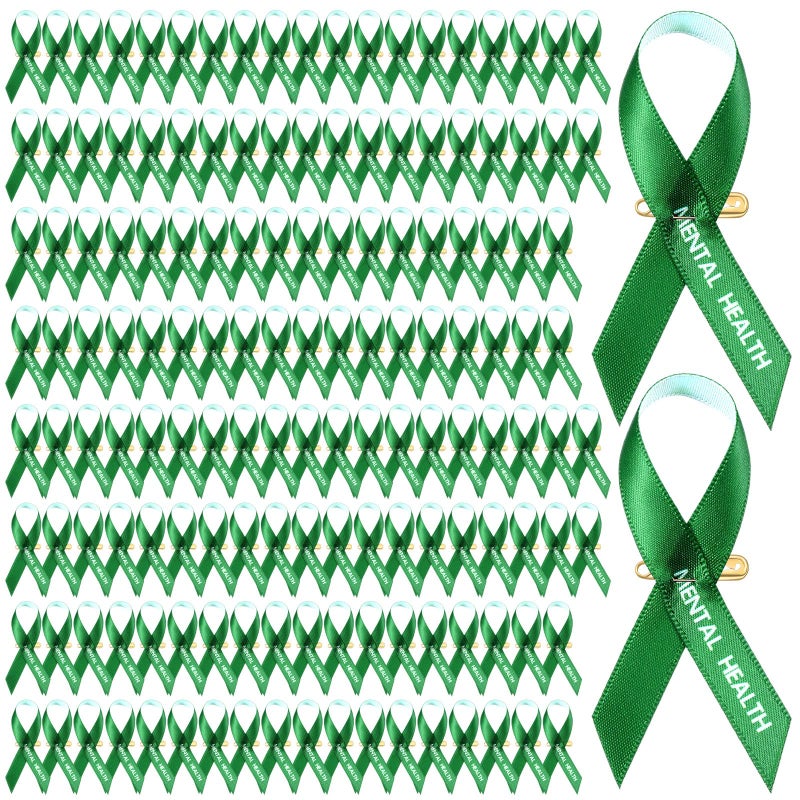 Hanaive 150 Pcs Mental Health Awareness Ribbons Green Satin Fabric Ribbons with Safety Pins Mental Health Awareness Items for Charity Public Social Event Welfare Supplies - Image 1