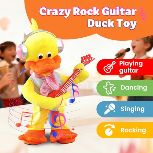 Marsjoy Rocking Dancing Duck Plush Toy Singing Music Twisting Body Plush Stuffed Animals Rocking Punk Crazy Cool Guitar Duck Perfect Christmas Birthday New Year for Kids - Image 5