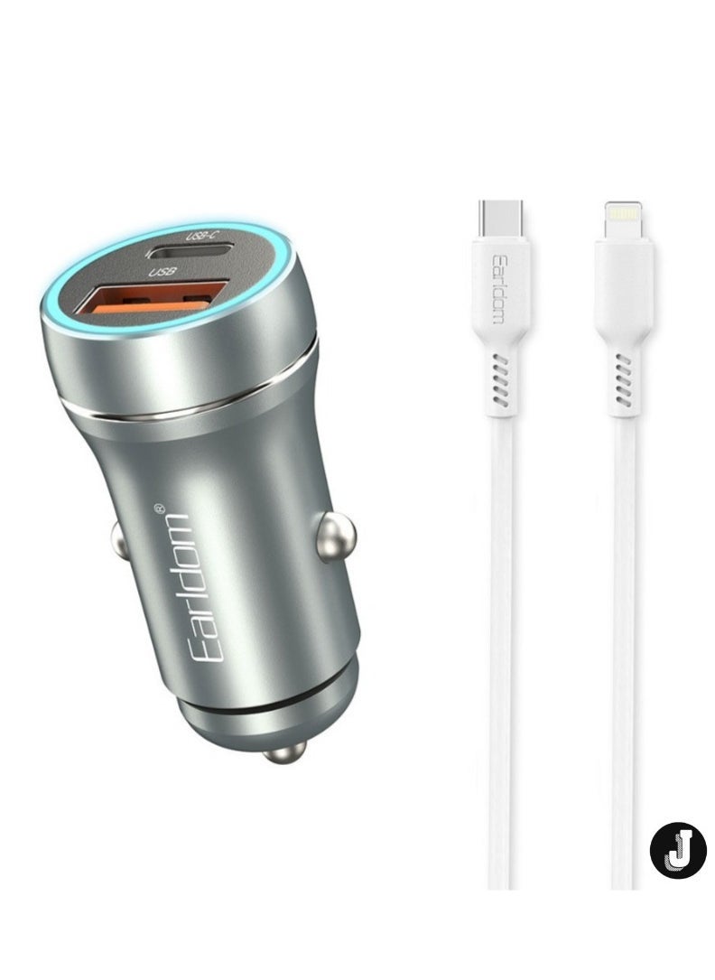 JAJEEK "Car Socket Charger ES-CC29 – 30W USB QC3.0 & PD Car Charger with Lightning PD Cable, Silver" - Image 1
