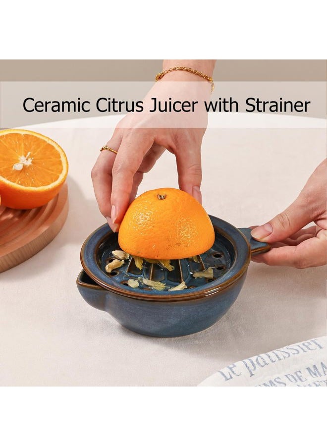 Tuioyoc Ceramic Citrus Lemon Orange Juicer Manual Squeezer, Hand Juicer Reamer Rotation Press with 6.8oz Bowl & Strainer Lid, Spout, Handle, Dishwasher Safe, Easy to Clean (Blue) - Image 2