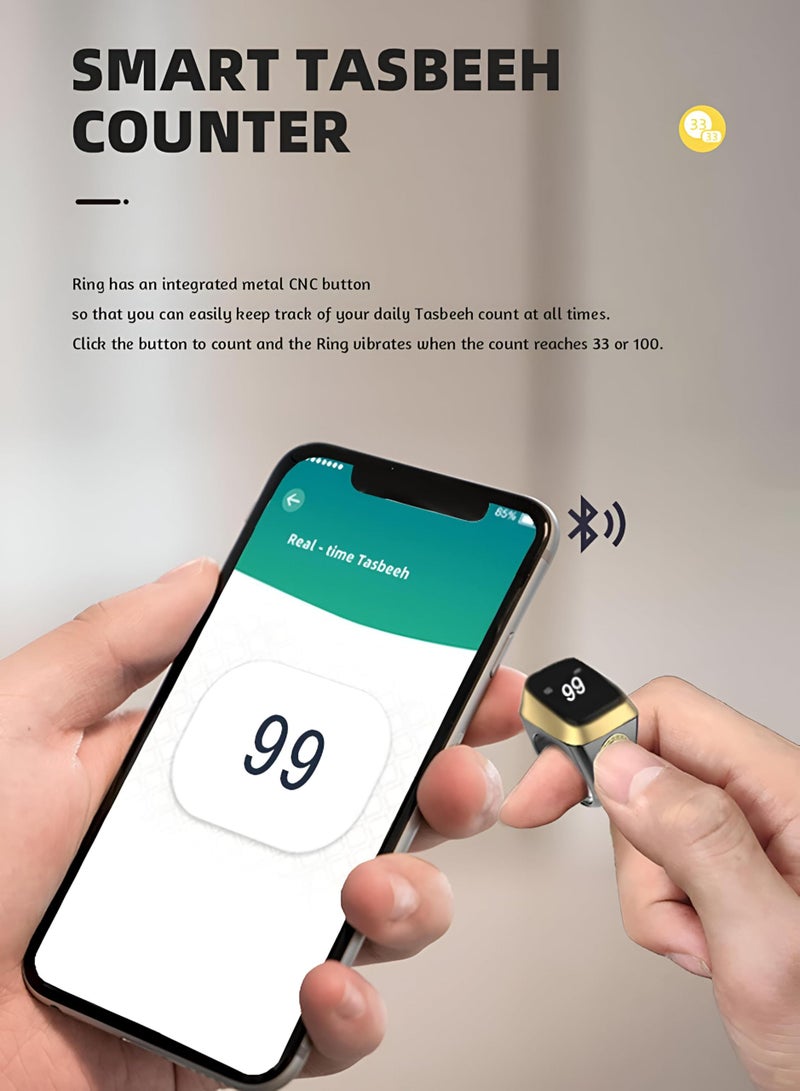 Smart Tasbeeh Counter Ring - Zikr1 Lite Features OLED Display, Bluetooth Sync, USB Charging, Waterproof Build, Prayer Alerts, Stylish Black and Gold Finish for Muslim Devotees - Image 3