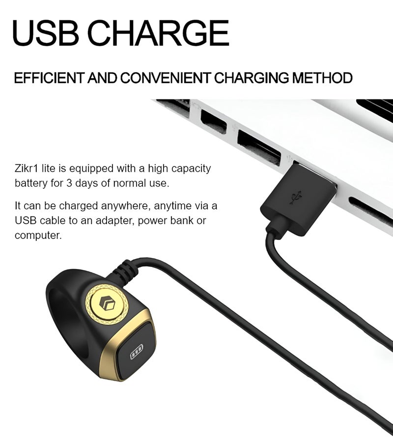 Smart Tasbeeh Counter Ring - Zikr1 Lite Features OLED Display, Bluetooth Sync, USB Charging, Waterproof Build, Prayer Alerts, Stylish Black and Gold Finish for Muslim Devotees - Image 2