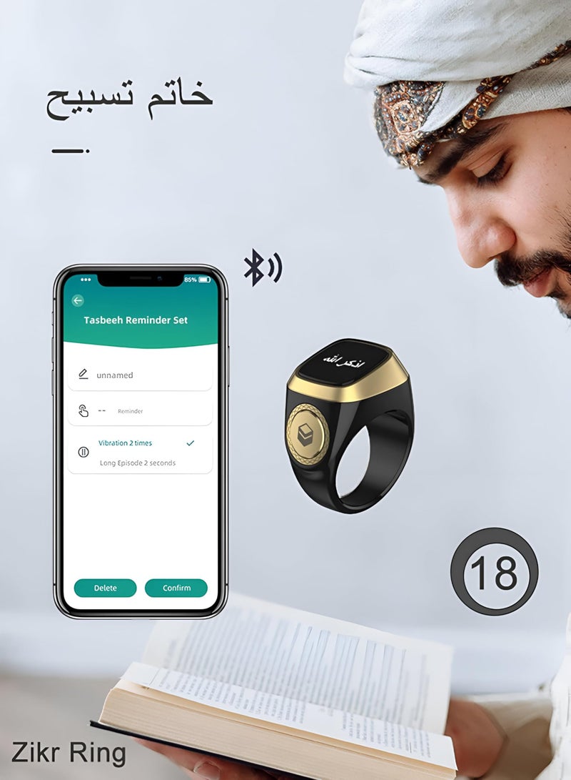 Smart Tasbeeh Counter Ring - Zikr1 Lite Features OLED Display, Bluetooth Sync, USB Charging, Waterproof Build, Prayer Alerts, Stylish Black and Gold Finish for Muslim Devotees - Image 4