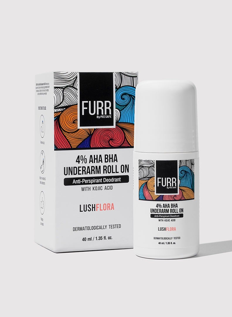 FURR 4% AHA BHA Underarm Roll On with Kojic Acid | Helps Reduce Pigmentation, Prevents Body Odour & Brightens Skin, Dermatologically Tested, Antiperspirant Luch Flora Fragrance - 40ml - Image 1