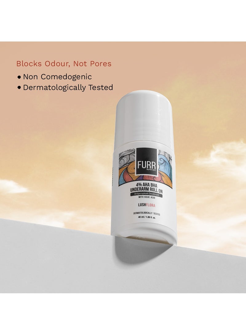 FURR 4% AHA BHA Underarm Roll On with Kojic Acid | Helps Reduce Pigmentation, Prevents Body Odour & Brightens Skin, Dermatologically Tested, Antiperspirant Luch Flora Fragrance - 40ml - Image 5