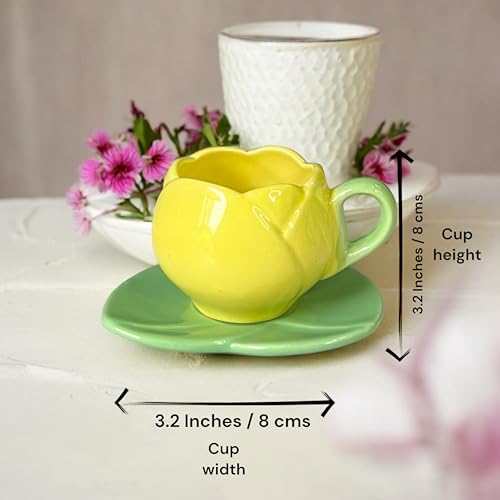 BACKKSPACE RETAIL Ceramic Mug with Unique Lotus Design with Saucer Desert Plate – 350ml | Yellow | Perfect for Coffee Tea Milk | Microwave and Dishwasher Safe | Ideal for Home, Office, Gifting, Diwali - Image 4