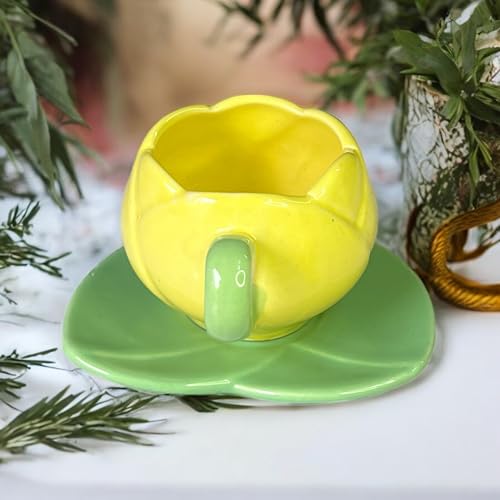BACKKSPACE RETAIL Ceramic Mug with Unique Lotus Design with Saucer Desert Plate – 350ml | Yellow | Perfect for Coffee Tea Milk | Microwave and Dishwasher Safe | Ideal for Home, Office, Gifting, Diwali - Image 3
