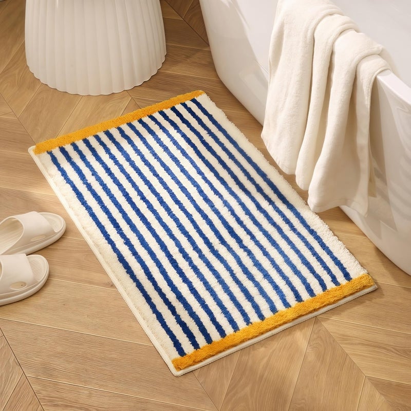 GIB cleaningtool GIB Bathroom Rugs Mat 32" x 20", Extra Soft Absorbent Plush Fluffy Bath Rugs, Non-Slip Washable Bath Mats for Bathroom Floor Shower Home Decor Accessories, Blue & White Striped with Yellow Accents - Image 1