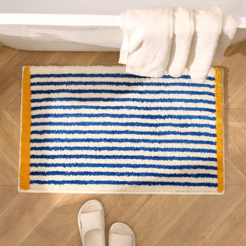 GIB cleaningtool GIB Bathroom Rugs Mat 32" x 20", Extra Soft Absorbent Plush Fluffy Bath Rugs, Non-Slip Washable Bath Mats for Bathroom Floor Shower Home Decor Accessories, Blue & White Striped with Yellow Accents - Image 2