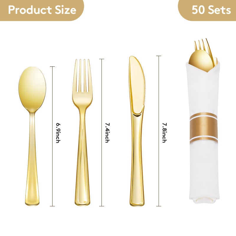 Goodluck 50 Pack Pre Rolled Gold Plastic Silverware  Wrapped Plastic Cutlery Set with Napkin Include 50 Forks  50 Knives  50 Spoons and 50 Napkins  Fancy Disposable Silverware for Party  Wedding - Image 3