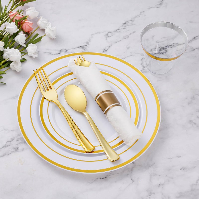 Goodluck 50 Pack Pre Rolled Gold Plastic Silverware  Wrapped Plastic Cutlery Set with Napkin Include 50 Forks  50 Knives  50 Spoons and 50 Napkins  Fancy Disposable Silverware for Party  Wedding - Image 2