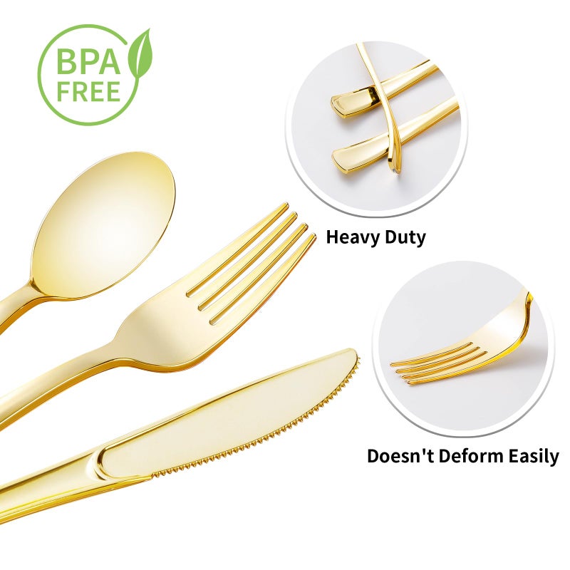Goodluck 50 Pack Pre Rolled Gold Plastic Silverware  Wrapped Plastic Cutlery Set with Napkin Include 50 Forks  50 Knives  50 Spoons and 50 Napkins  Fancy Disposable Silverware for Party  Wedding - Image 4
