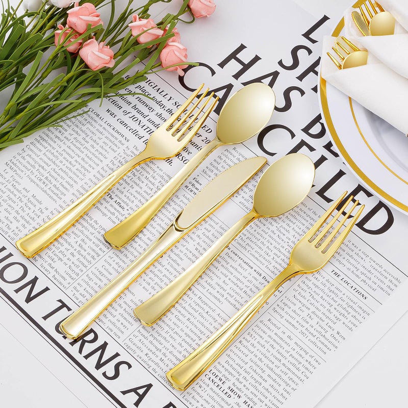Goodluck 50 Pack Pre Rolled Gold Plastic Silverware  Wrapped Plastic Cutlery Set with Napkin Include 50 Forks  50 Knives  50 Spoons and 50 Napkins  Fancy Disposable Silverware for Party  Wedding - Image 5