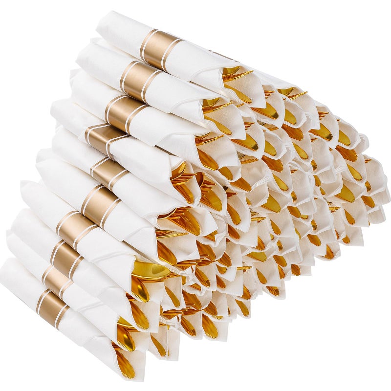 Goodluck 50 Pack Pre Rolled Gold Plastic Silverware  Wrapped Plastic Cutlery Set with Napkin Include 50 Forks  50 Knives  50 Spoons and 50 Napkins  Fancy Disposable Silverware for Party  Wedding - Image 1