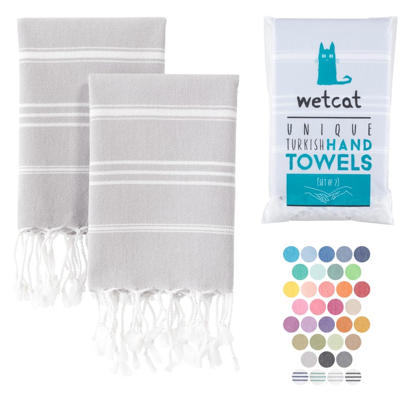 WETCAT Turkish Hand Towels with Hanging Loop Set of 2 20 x 30 100 Turkish Cotton PreWashed Quick Drying for Kitchen or Bathroom  Light Grey