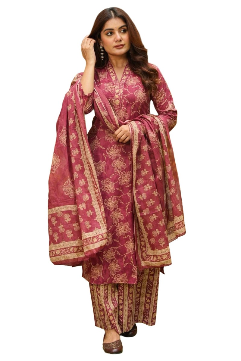ANNI Designer Women's Rayon Viscose Straight Printed Kurta with Palazzo and Dupatta (YASMINI Pink_S_Pink_Small) - Image 1