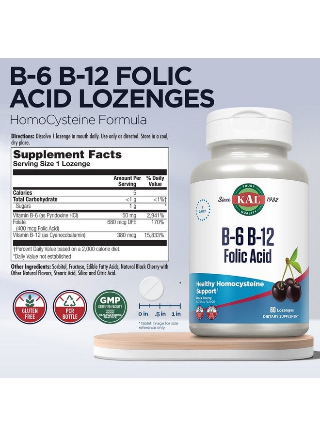 KAL Vitamin B 6 B 12 Folic Acid Supplement B Vitamins For Healthy Energy Heart & Red Blood Cell Support W/Vitamin B12 Methylcobalamin And Folate Natural Cherry Gluten Free 60 Serv 60 Lozenges - Image 4