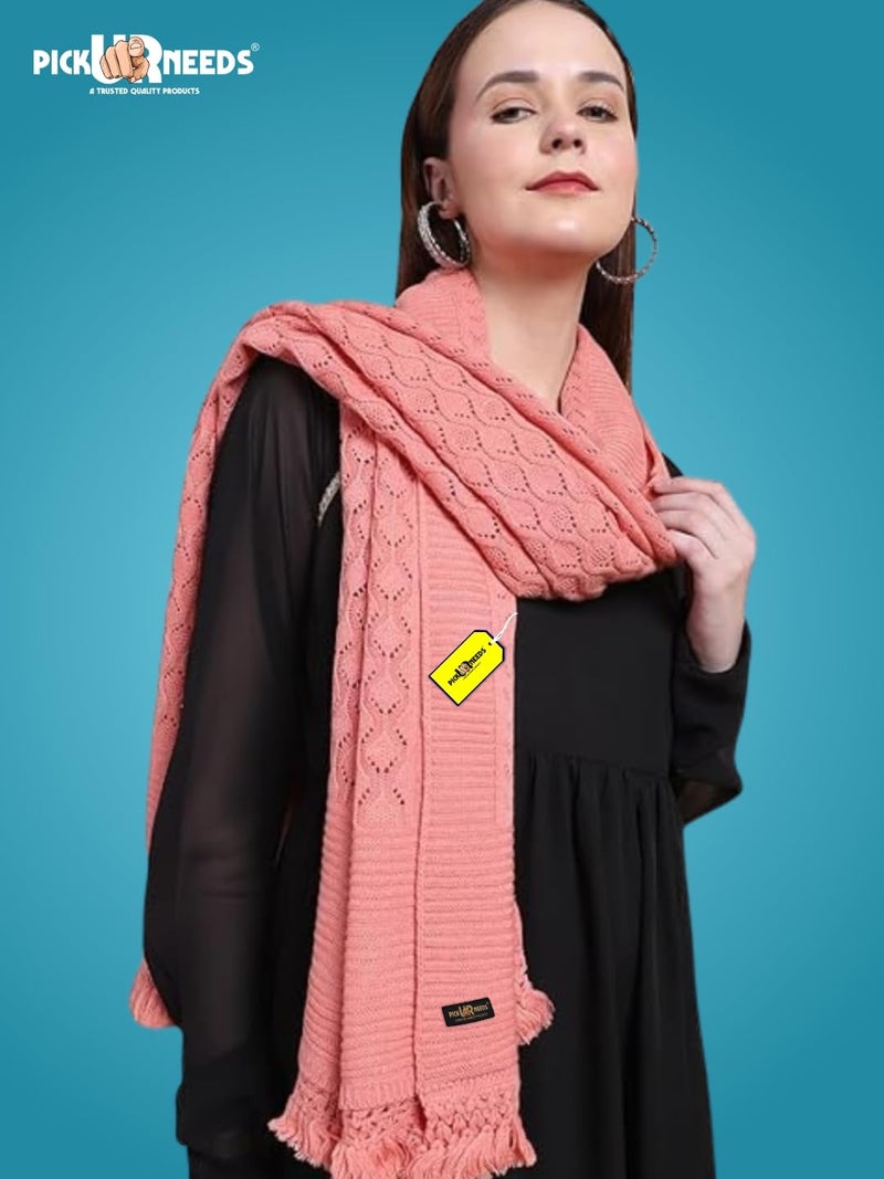 Pick Ur Needs Women’s Premium Knitted Winter Soft Shawl Woolen Warm Stole with Elegant Lace Pattern & Tassels For Girls (Peach) - Image 3