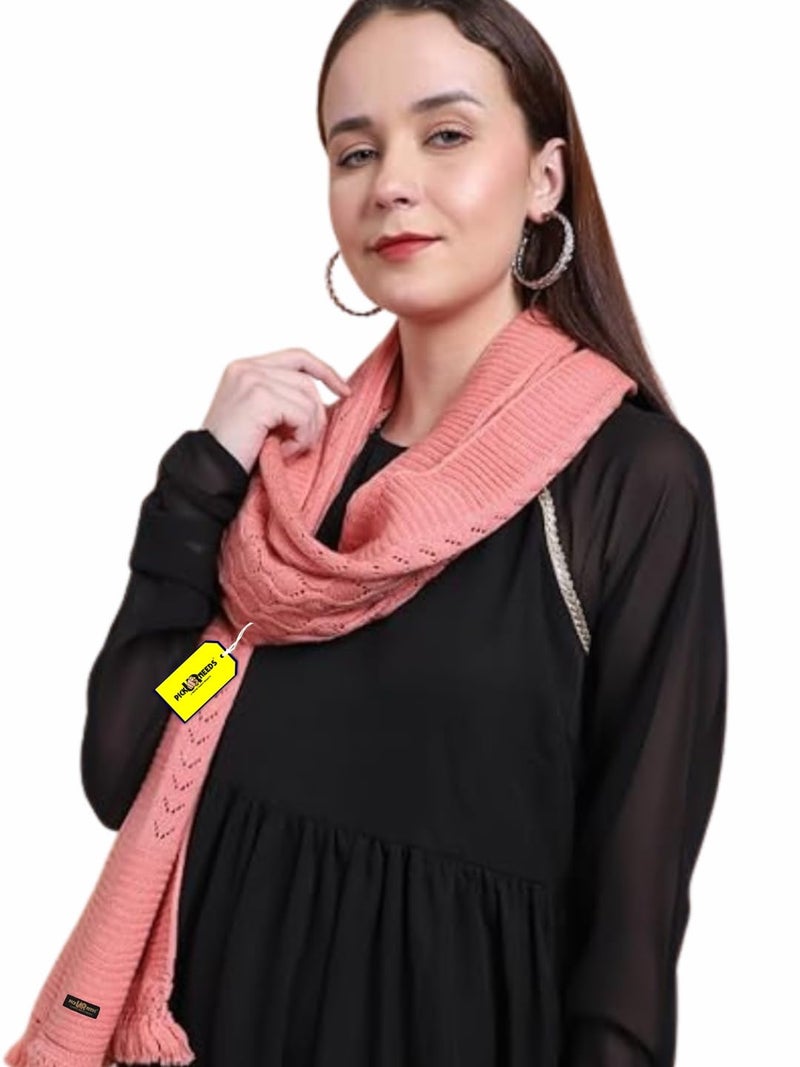 Pick Ur Needs Women’s Premium Knitted Winter Soft Shawl Woolen Warm Stole with Elegant Lace Pattern & Tassels For Girls (Peach) - Image 1