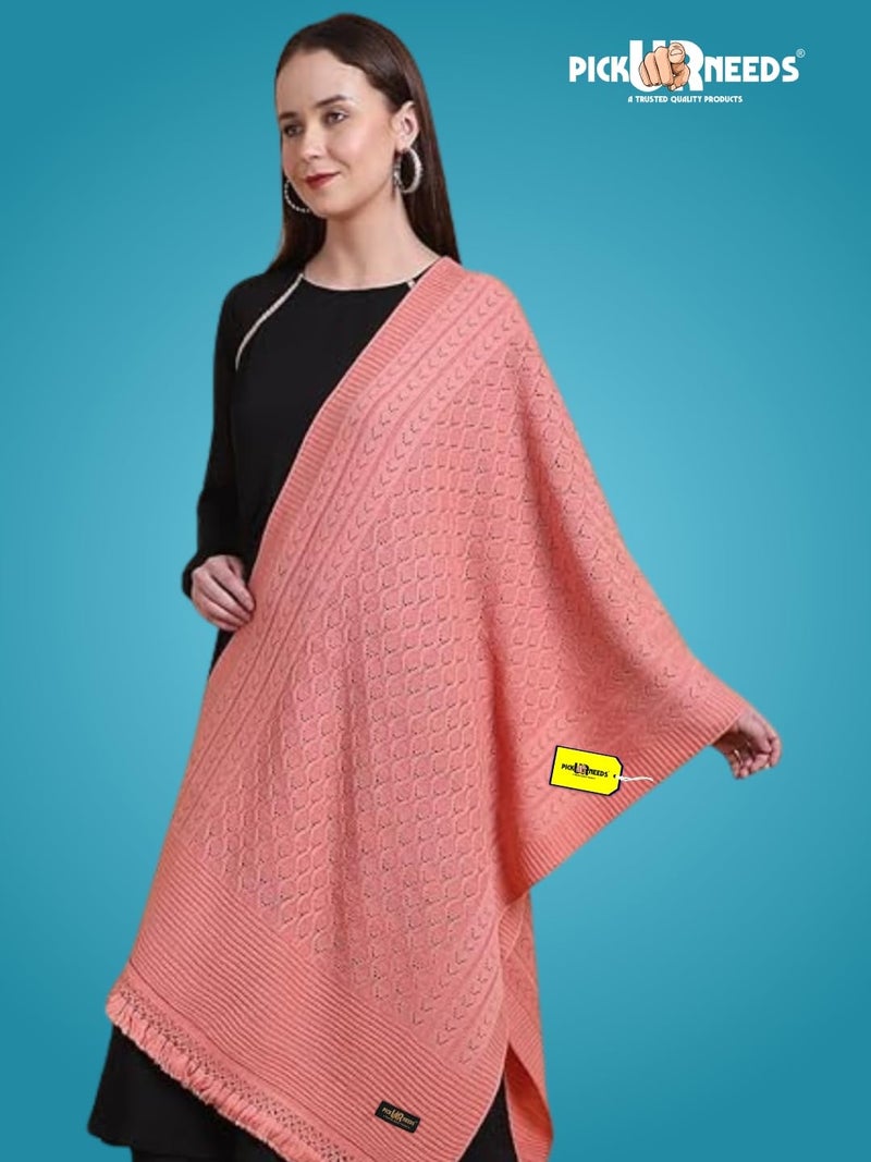 Pick Ur Needs Women’s Premium Knitted Winter Soft Shawl Woolen Warm Stole with Elegant Lace Pattern & Tassels For Girls (Peach) - Image 2