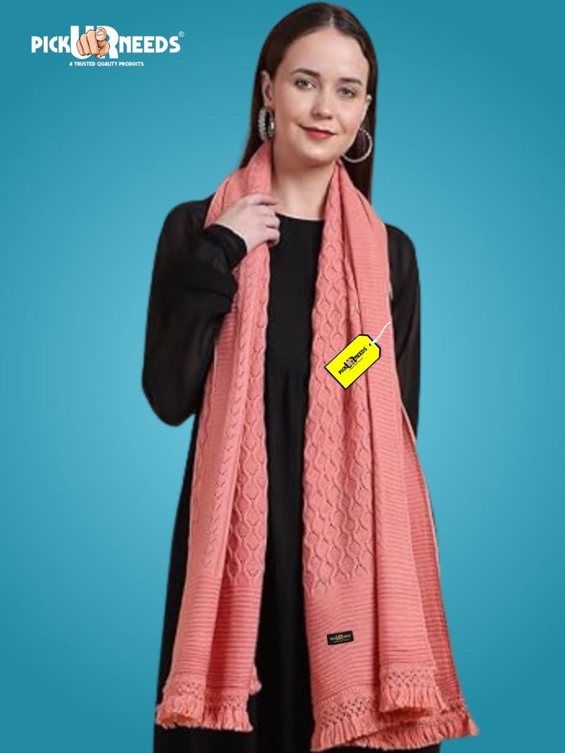 Pick Ur Needs Women’s Premium Knitted Winter Soft Shawl Woolen Warm Stole with Elegant Lace Pattern & Tassels For Girls (Peach) - Image 4